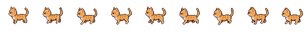 The tabby's walk cycle, 9 frames — the prompt had to insist it never turn its face to the camera mid-stride, or it would sneak a glance.