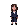 The customer in the navy suit — edited from the root, changing only the hair and the outfit, so her face and proportions stay in the same family.