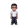 The customer with glasses — a gender change edited from that same root character, and the head and proportions came through intact.