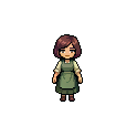 A female shop owner — one of the redesigns with a bigger head, about three heads tall. Still only a test; it was never actually chosen.