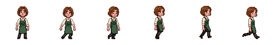 Version three's walk — redrawn smaller, down to 92 pixels, so everyone in the game would read as one family.